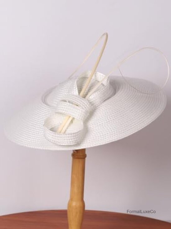 Wide Brim Straw Derby Hat with Feather Fascinator, Adjustable Headband, main image 4